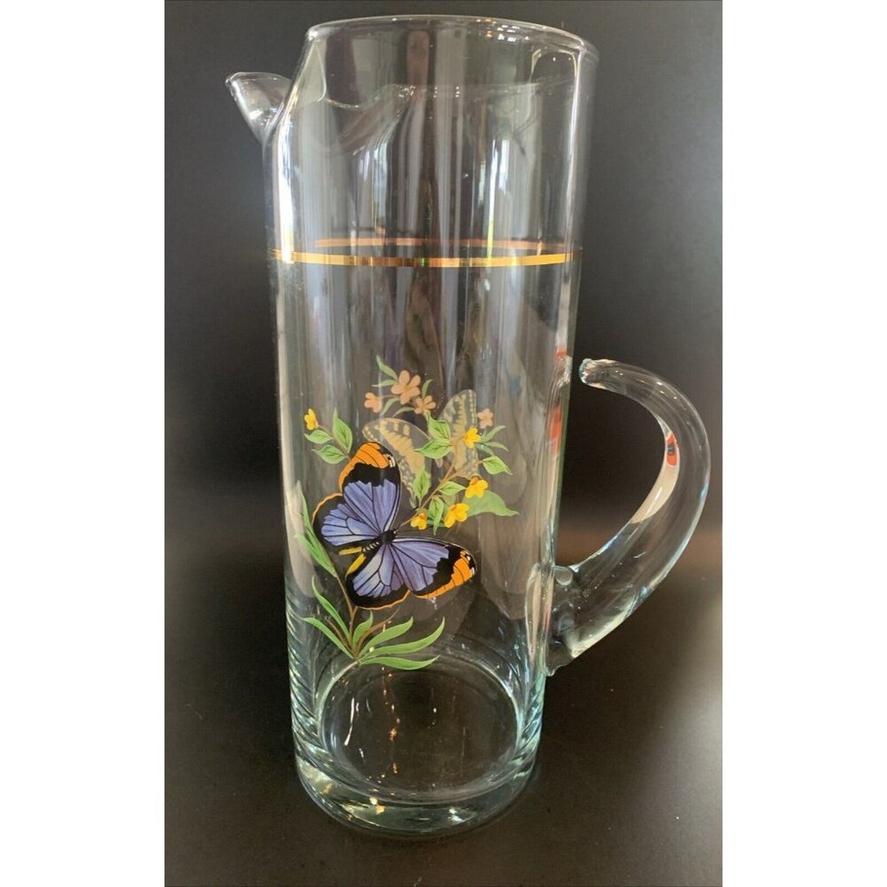 Vintage Barware Tall Pitcher Butterfly Graphics 11 Inches Tall